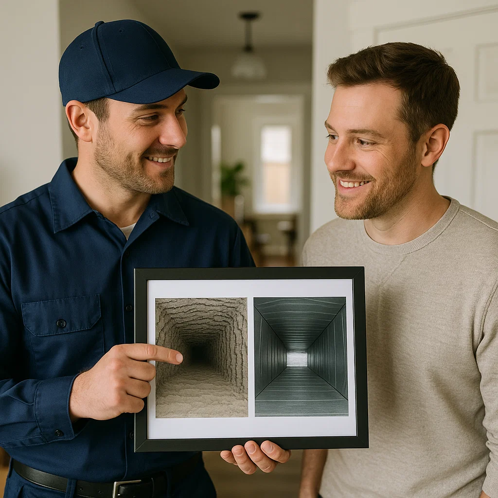 Clear Lake Shores TX technician removing dust, insulation fibers, and debris from air ducts using advanced tools